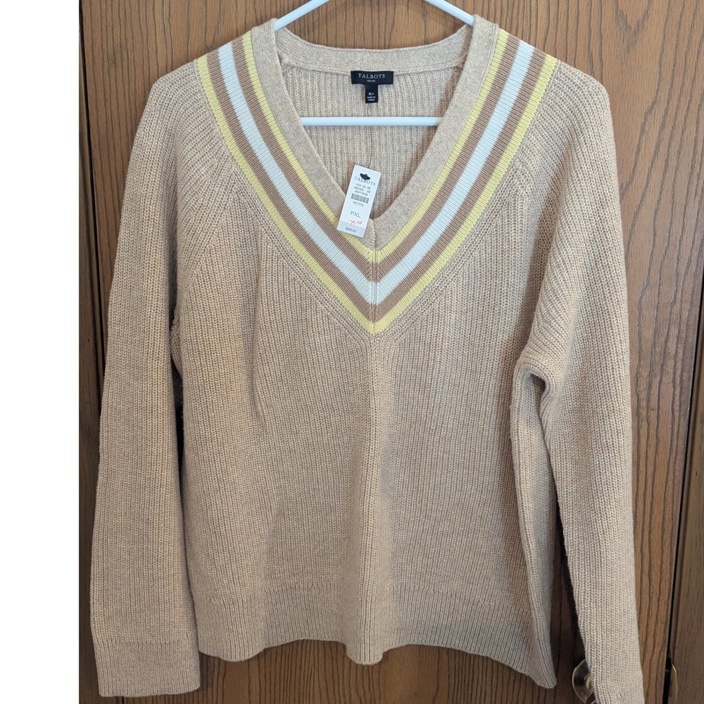 NWT Talbots Beige Shaker Knit V-Neck Striped Trim Sweater Preppy Cozy Casual PXL